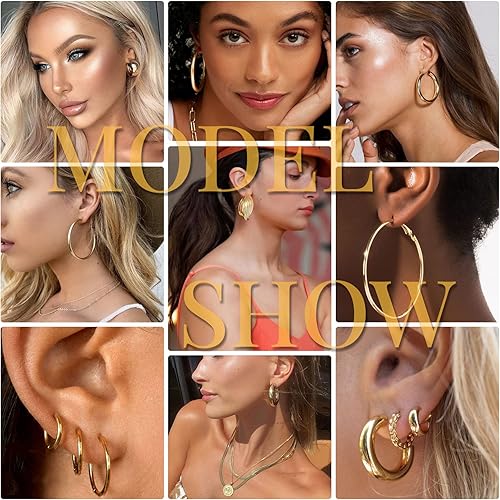 Miniatura 5 de Juego de 42 pares de aretes de aro dorados para mujer, aretes de perlas gruesas a la moda, paquete múltiple de aretes trenzados, hipoalergénicos