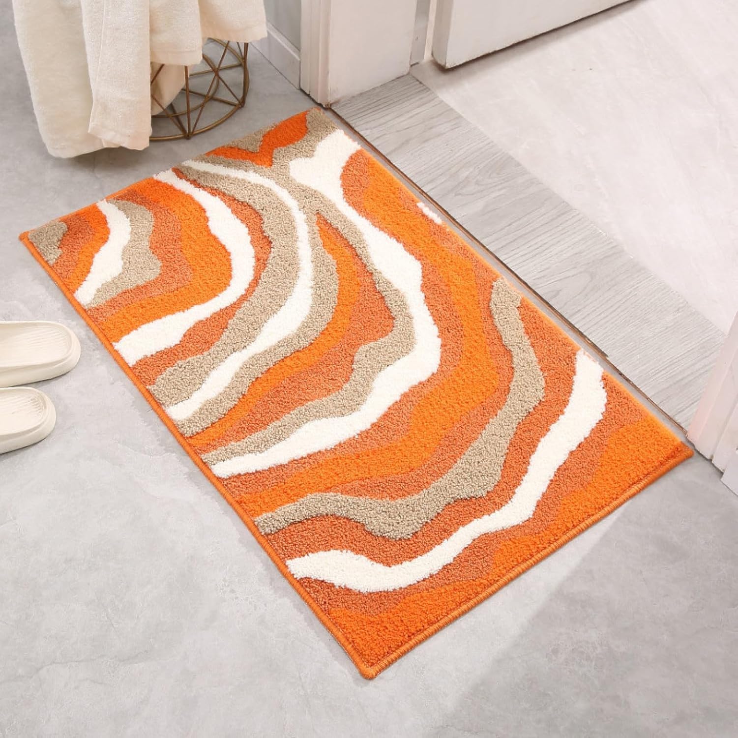 WOMGKDA Flannel bath mat non slip 40x60cm orange white brown super absorbent washable bath rug for bathroom floor with soft anti-skid bottom, 40×60cm, 40×60cm