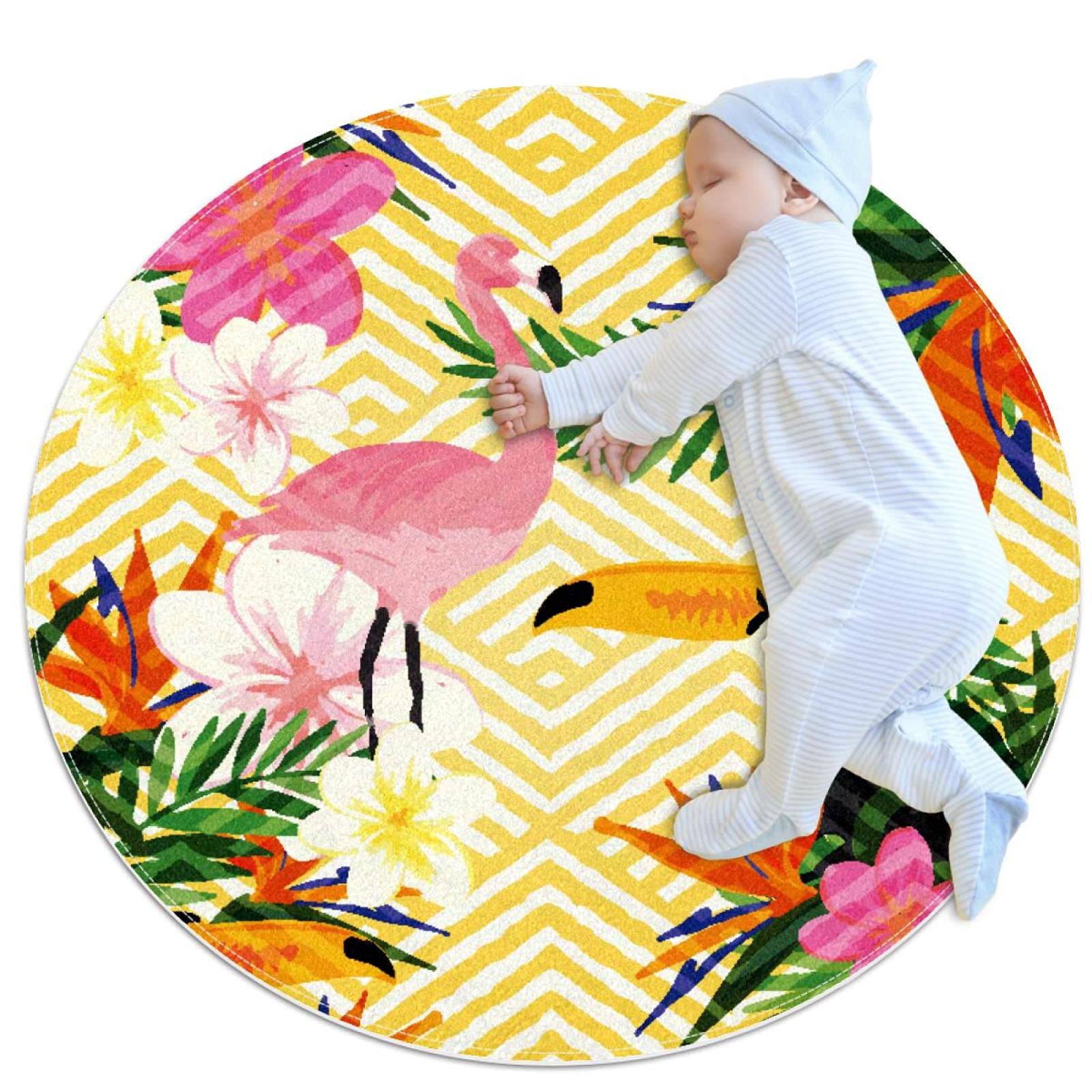 Tapis de sol flamant rose rond tropical antidérapant diamètre 1m