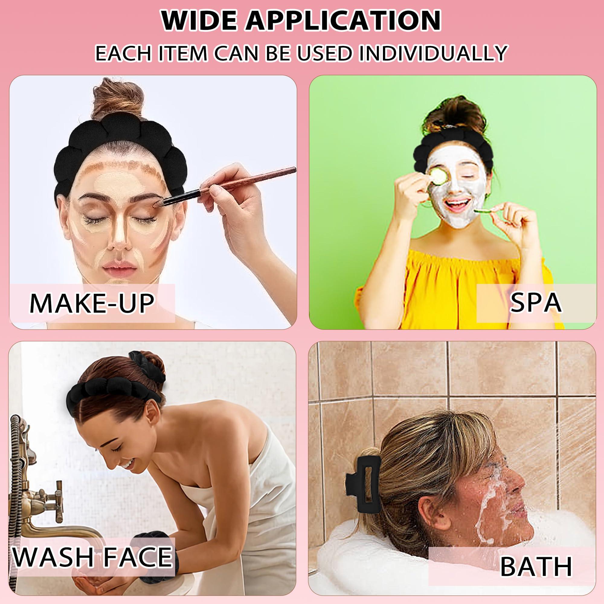6 Pezzi Fascia Spa, Moda Spugna Terry Tessuto Fascia Capelli Gonfi, Fasce Imbottite Fascia Trucco e Set Polsiera per Donne Lavaggio Viso Cura Della Pelle Bianco e Rosa