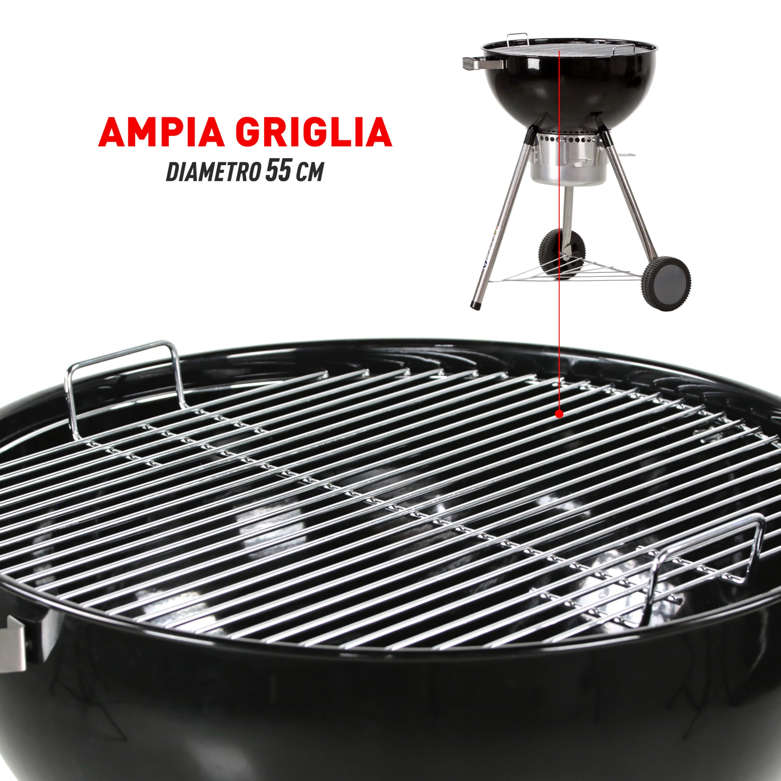 MasterCook - Barbecue a Carbonella Diametro Griglia 57 cm, Barbecue con Ruote e Coperchio, BBQ a Carbone Dotato di Termometro e Sistema Raccogli Cenere, Altezza Griglia da Terra 78 cm (Ketty Nero)
