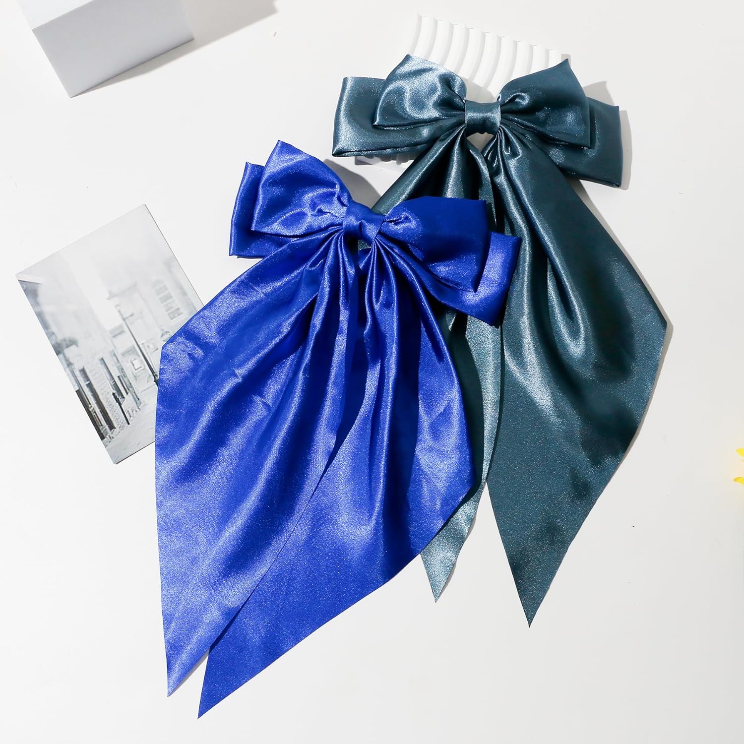 Hair Bows 2 PCS Large Long Tail Bow Hair Clips Satin Silky Ribbon Bow for Hair Ponytail Holder French Coquette Hair Barrettes Daily Accessories Gifts for Women Girls (Royal Blue,Blue Gray) - Image 6
