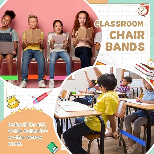 Miniatura 4 de Berlune 24 bandas para sillas de aula para niños con pies inquietos, bandas para silla de aula con necesidades sensoriales de TDAH, asientos