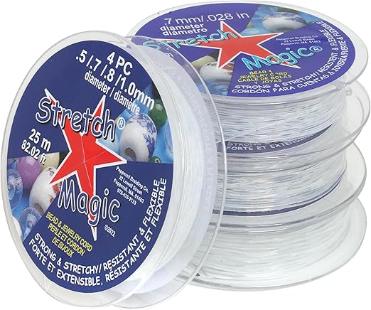 Stretch Magic Elastic Beading Cord – Clear Color, Size Assortment: .5, .7, .8, 1mm, 25-Meter (82 ft) in Total - Easy to Knot, Strong & Stretchy String for Making Beaded Jewelry, 4pc