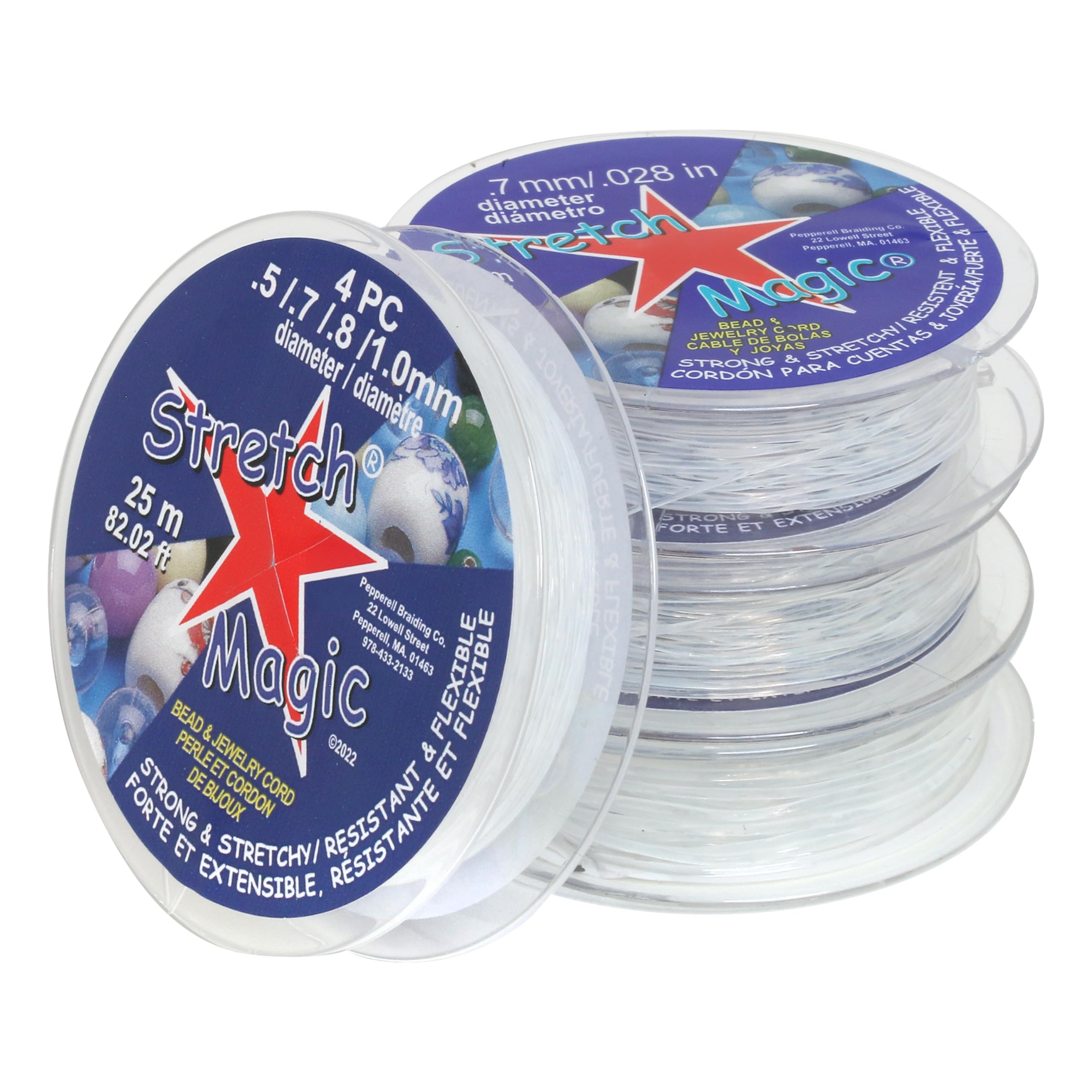 Stretch Magic Elastic Beading Cord – Clear Color, Size Assortment: .5, .7, .8, 1mm, 25-Meter (82 ft) in Total - Easy to Knot, Strong & Stretchy String for Making Beaded Jewelry, 4pc