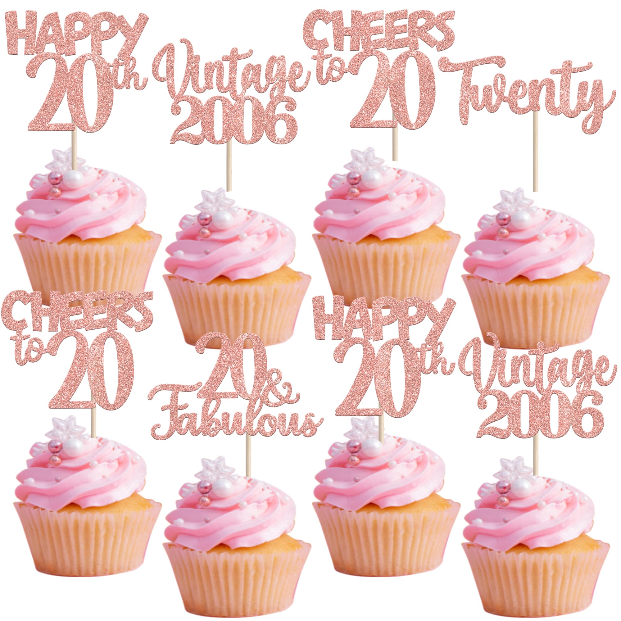 30PCS Happy 20th Birthday Cupcake Toppers Glitter Twenty 20 Fabulous Vintage 2006 Cupcake Picks Cheers to 20 Years for 20th Birthday Wedding