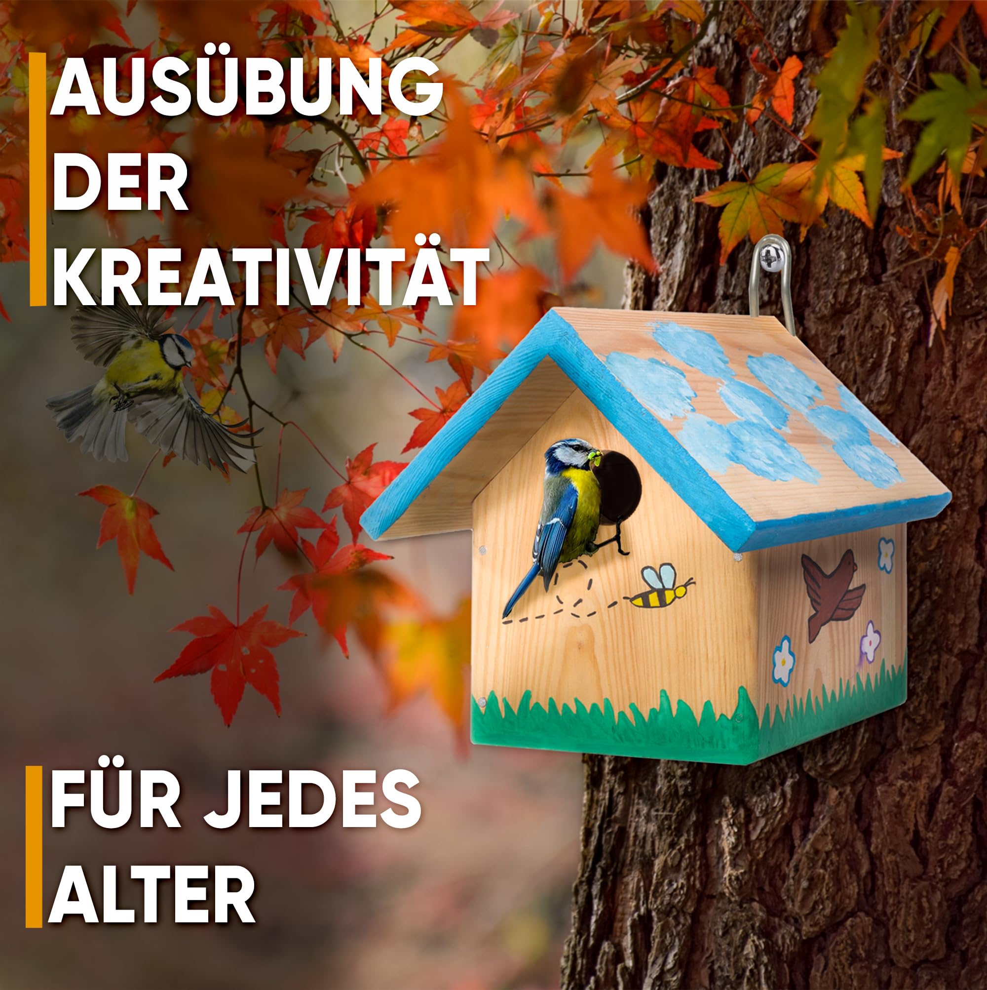Mice&Co Vogelhaus aus Holz zum Bemalen | DIY Bastelset Nistkasten Garten | Mit 12 Farben und 2 Pinseln | Bauen, Bemalen und Gestalten als Familie