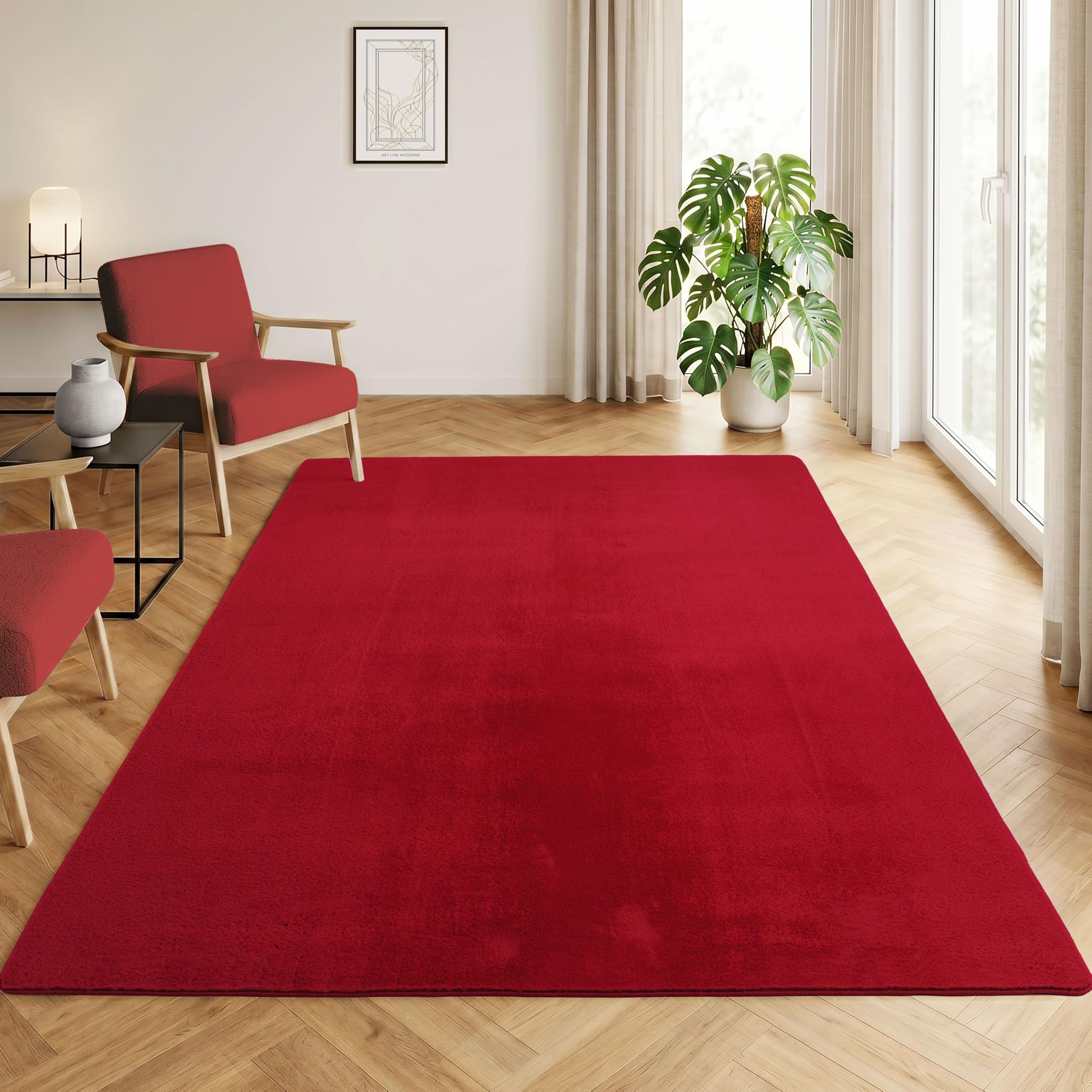 HomebyHome Alfombra Rojo 200x280 cm Alfombra de Pelo Corto Lavable, Antideslizante y Suave, Diseño Monocromático Moderno para Sala, Dormitorio, Cocina y Habitación Infantil
