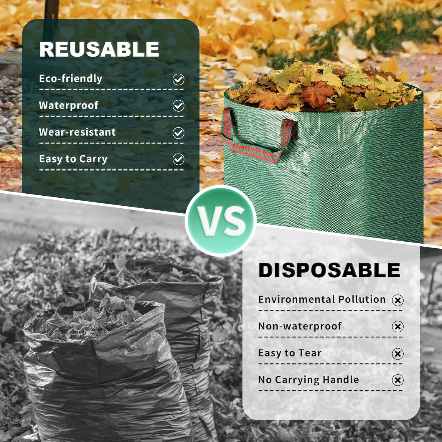 Reusable Yard Waste Bags, 72 Gallons Lawn and Leaf Bags Heavy Duty Garden Waste Bags with Reinforced Handles, 3 Pcs Foldable Leaf Collector Bag for Loading Garden Leaves, Trash - Green
