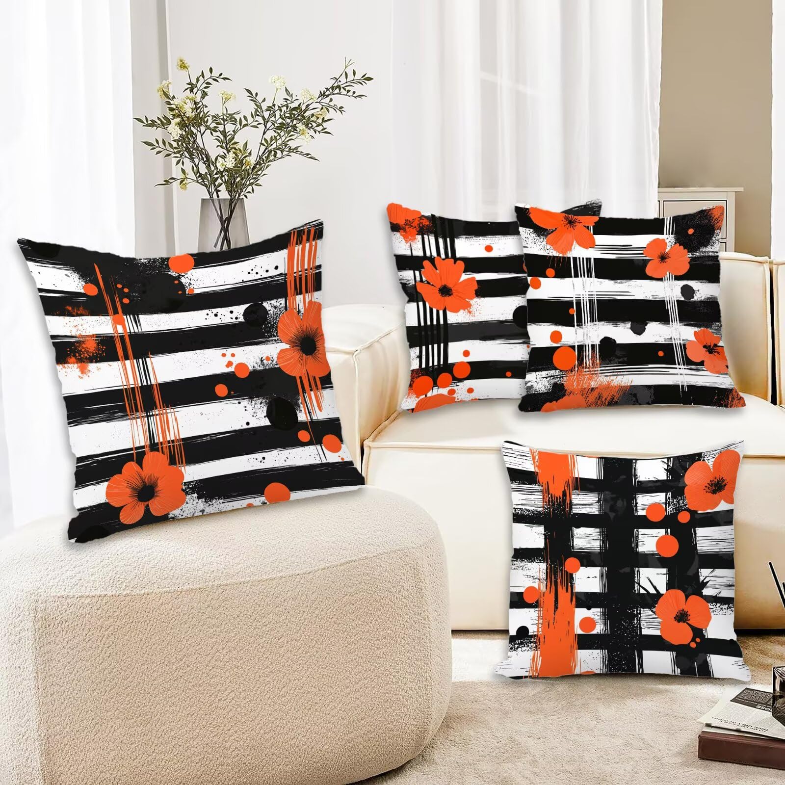 Kissenbezug 55x55 Schwarz Weiss 4er Set Samt Kissenbezüge Blume Zierkissenbezug Kissenhülle Dekorative Weiche Quadratische Dekokissenbezug Sofakissenbezug Couchkissen für Zimmer Deko Schlafzimmer P-56