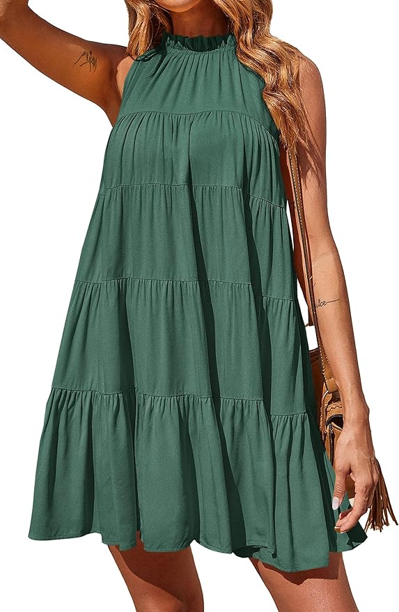 Okiwam Womens Summer Halter Dresses Sleeveless A Line Tiered Swing Mini 2025 Fall Casual Boho Beach Vacation Sundress