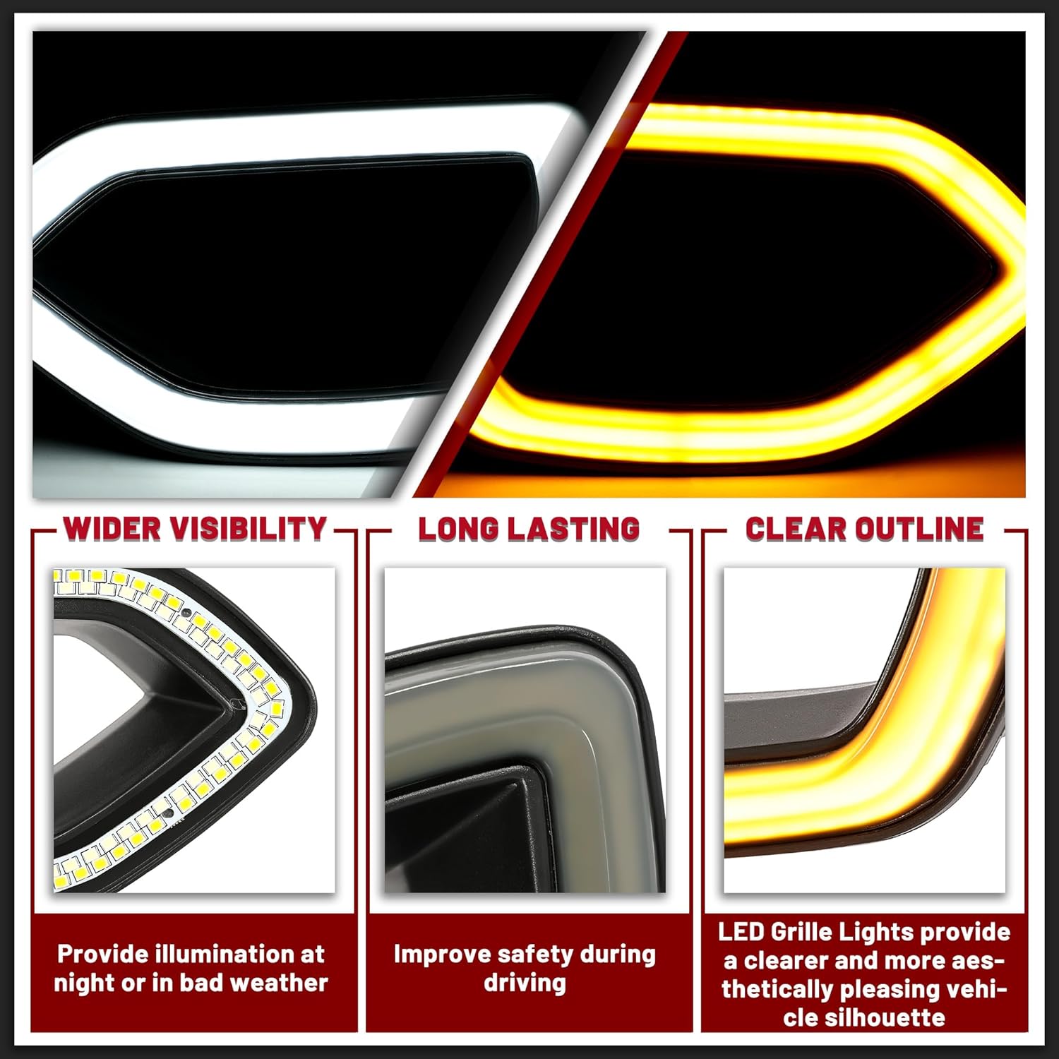 HECASA Grille Lights LED Compatible with 2015-2022 Dodge Charger SRT/Scat Pack Daytona SXT & R/T Front Bumper White & Yellow Lights for DRL Smoked Left & Right Side