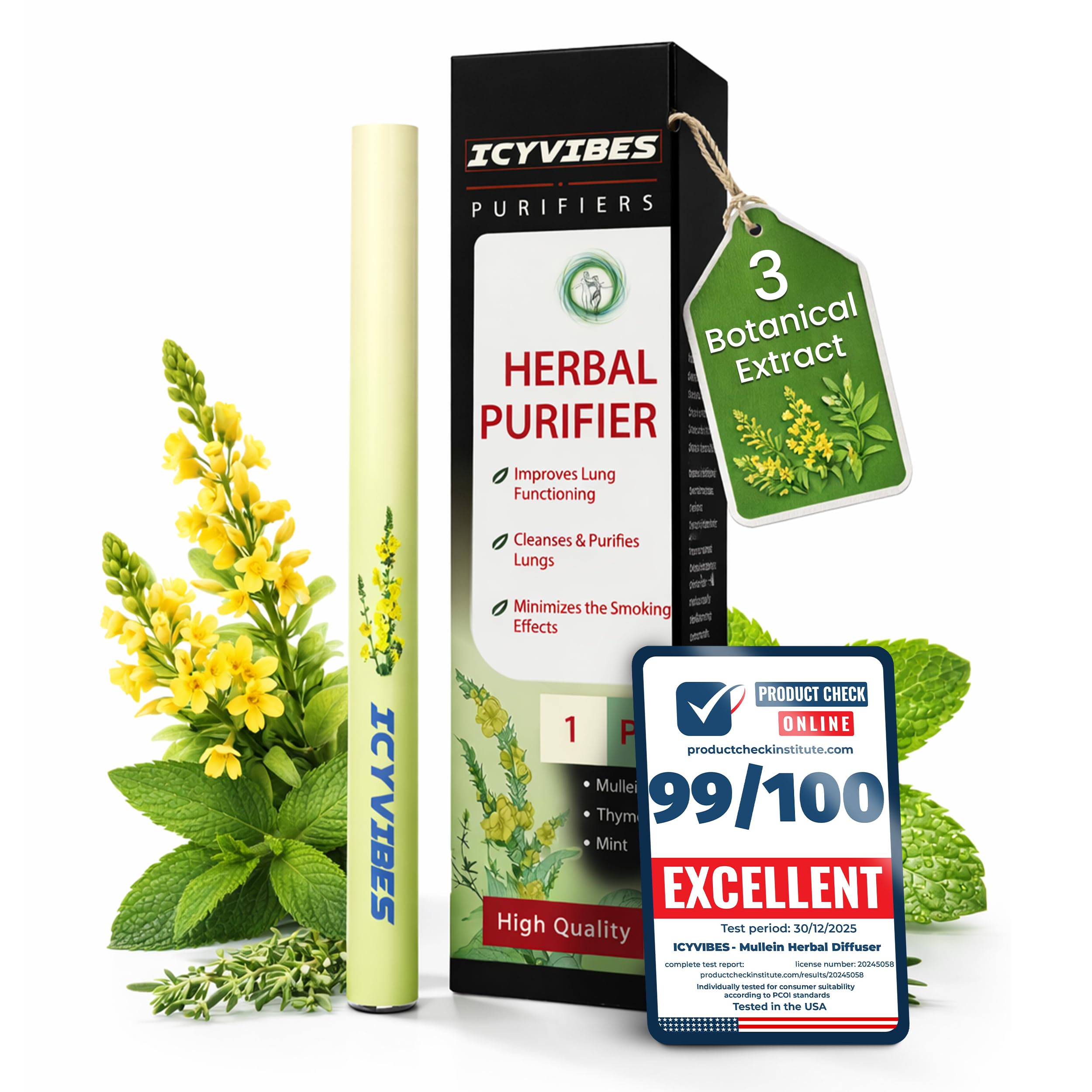 Premium Mullein Herbal Diffuser Portable Inhaler with Thyme Mint Extracts Botanical Aroma Device for Fresh Breathing Sensation Oral Air Refreshing Pocket Design Long Lasting Up to (1 PCS)