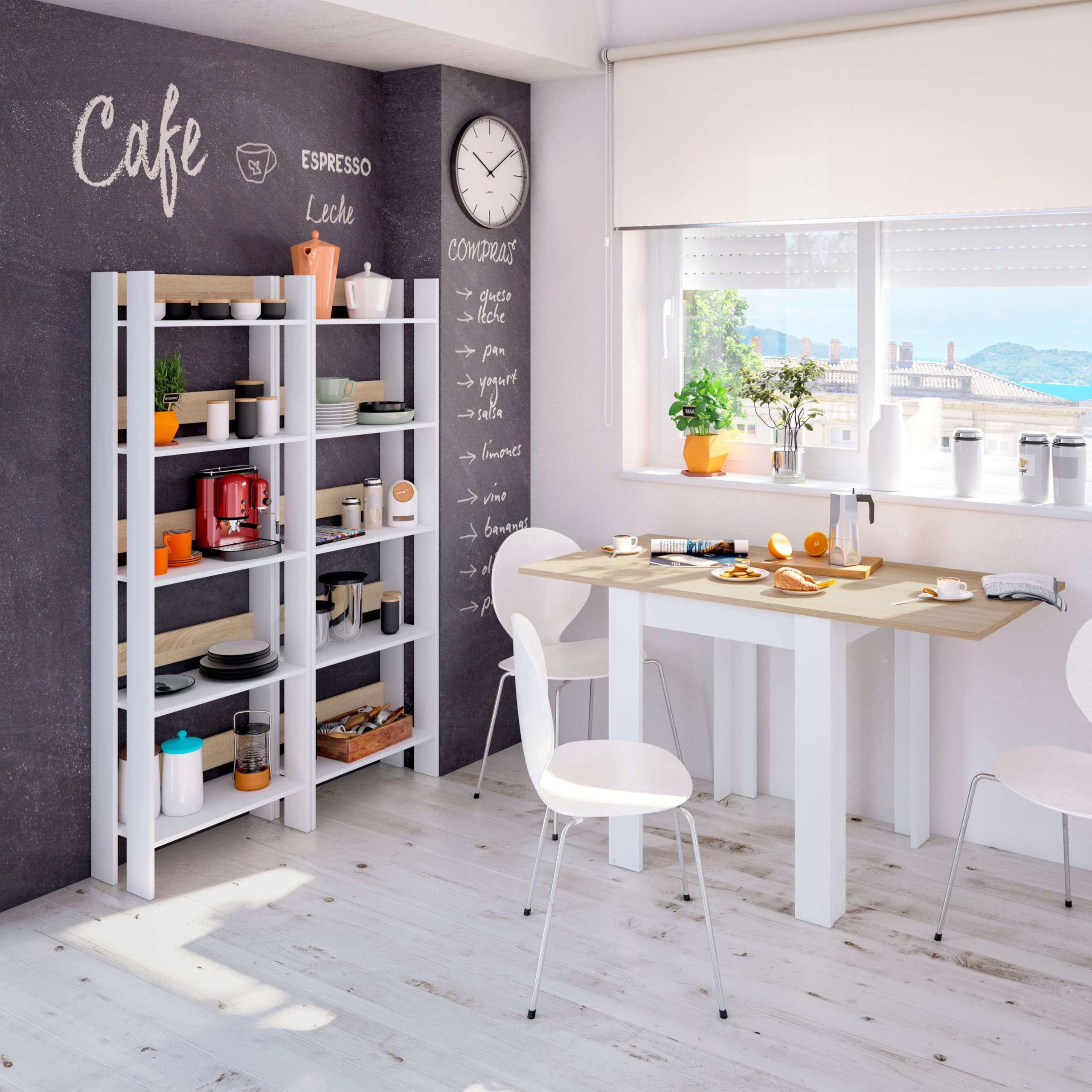 Habitdesign – Mesa Auxiliar Extensible para Cocina, Color Blanco Artik y Roble Canadian, 67–134x67x79 cm – Modelo Livre