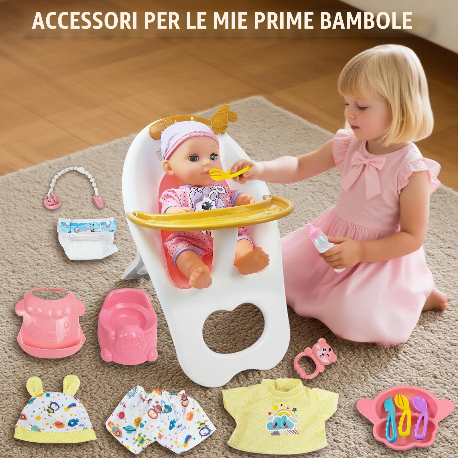 RedCrab Bambola con Accessori, 18 Pezzi Set Bambole per Bambina con Seggiolone, Vestiti, Biberon, Tettarella, Vasino e Pannolini, Giocattolo Regalo per Bambina 2 3 4 5 6 Anni