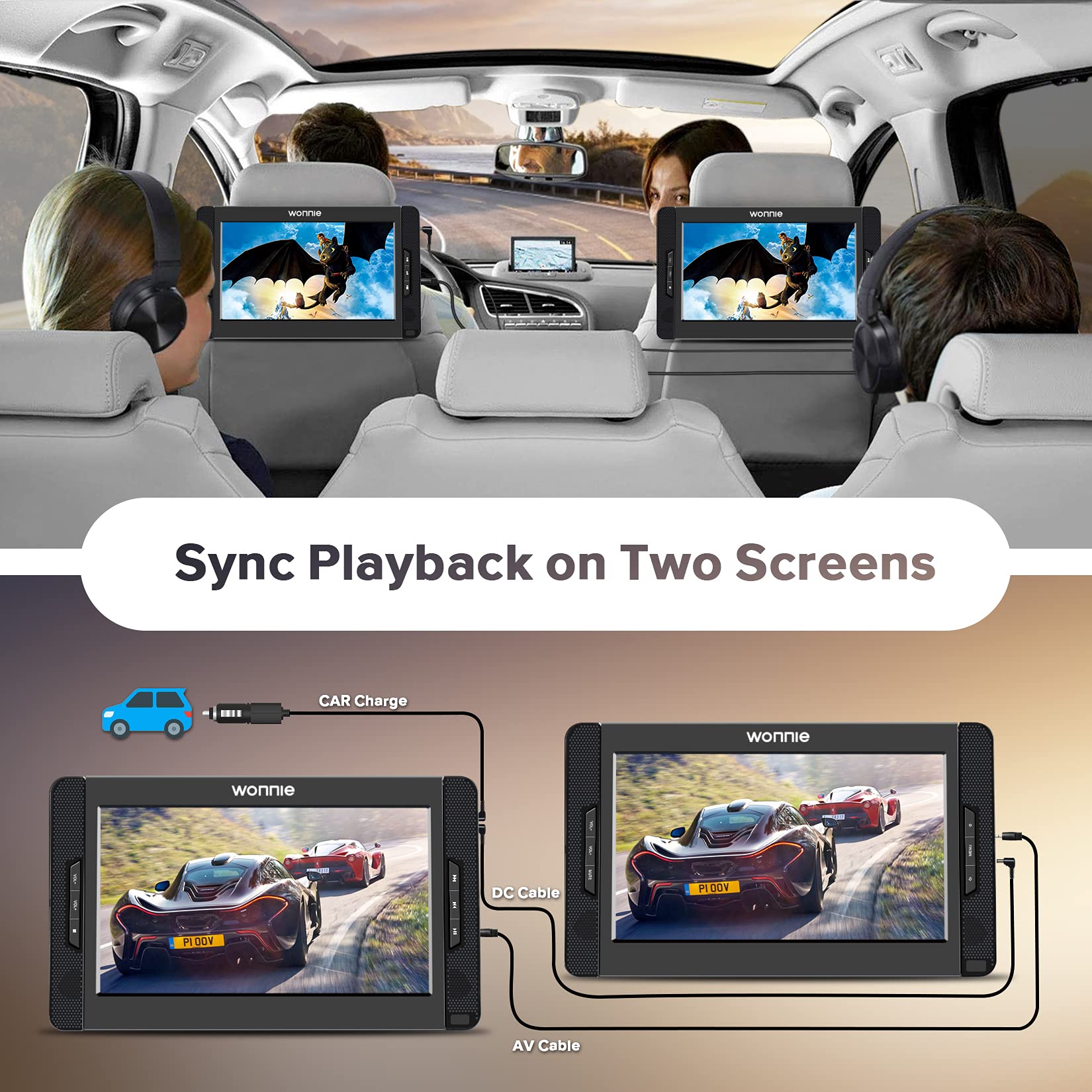 Wonnie 10.5inch Dual Portable DVD Player for Car, Headrest Kids CD