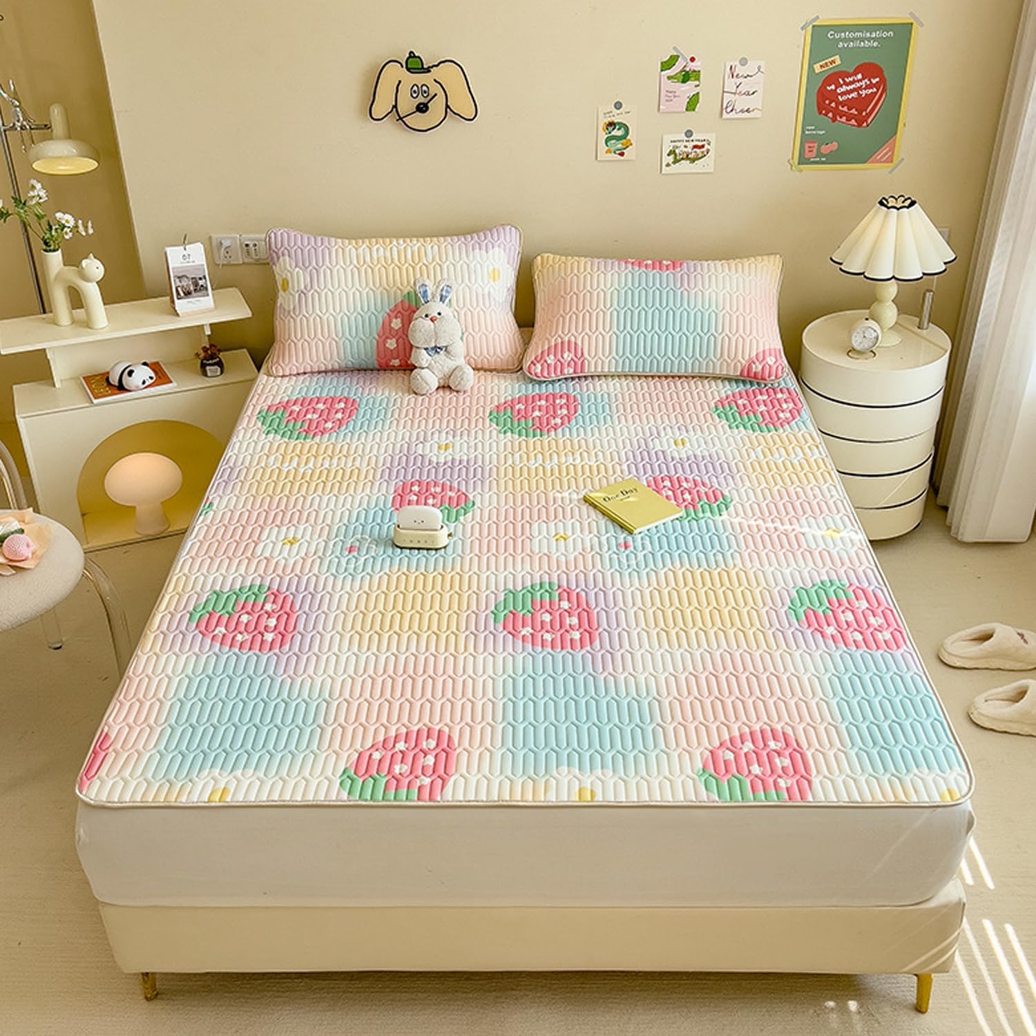 Fruit/c,0.9 * 2mtwin(2pcs),LDLCYCN Queen Size Cooling Mattress Protector Topper with 4 Elastic Bands Ice Silk Mattress Cover Cartoon Pattern Mattress Pad Japanese Futon Mattress Student Dormitory