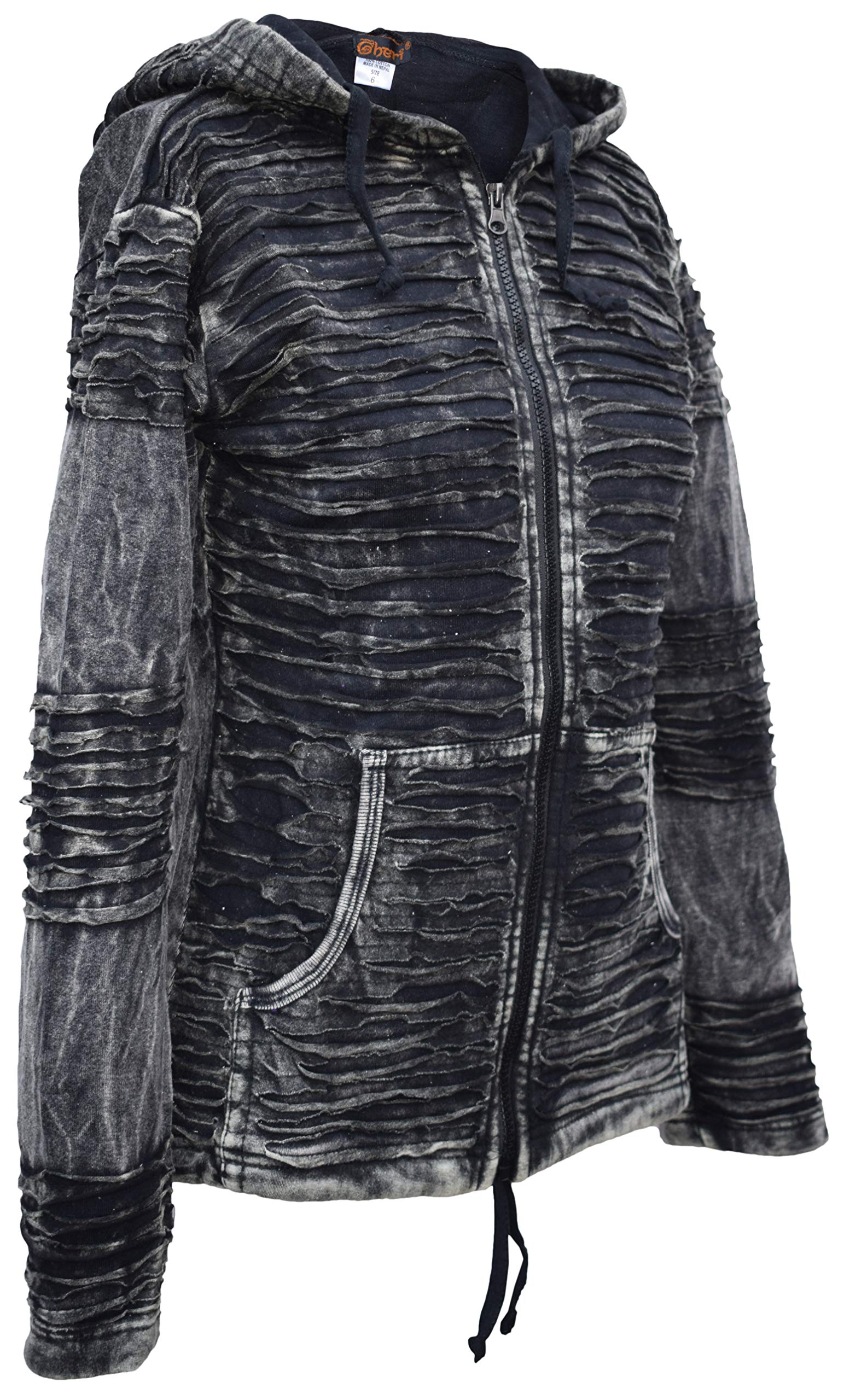 Gheri Veste à capuche en coton délavé avec côtes gothiques Emo Funky Coupe rasoir, Noir , 42