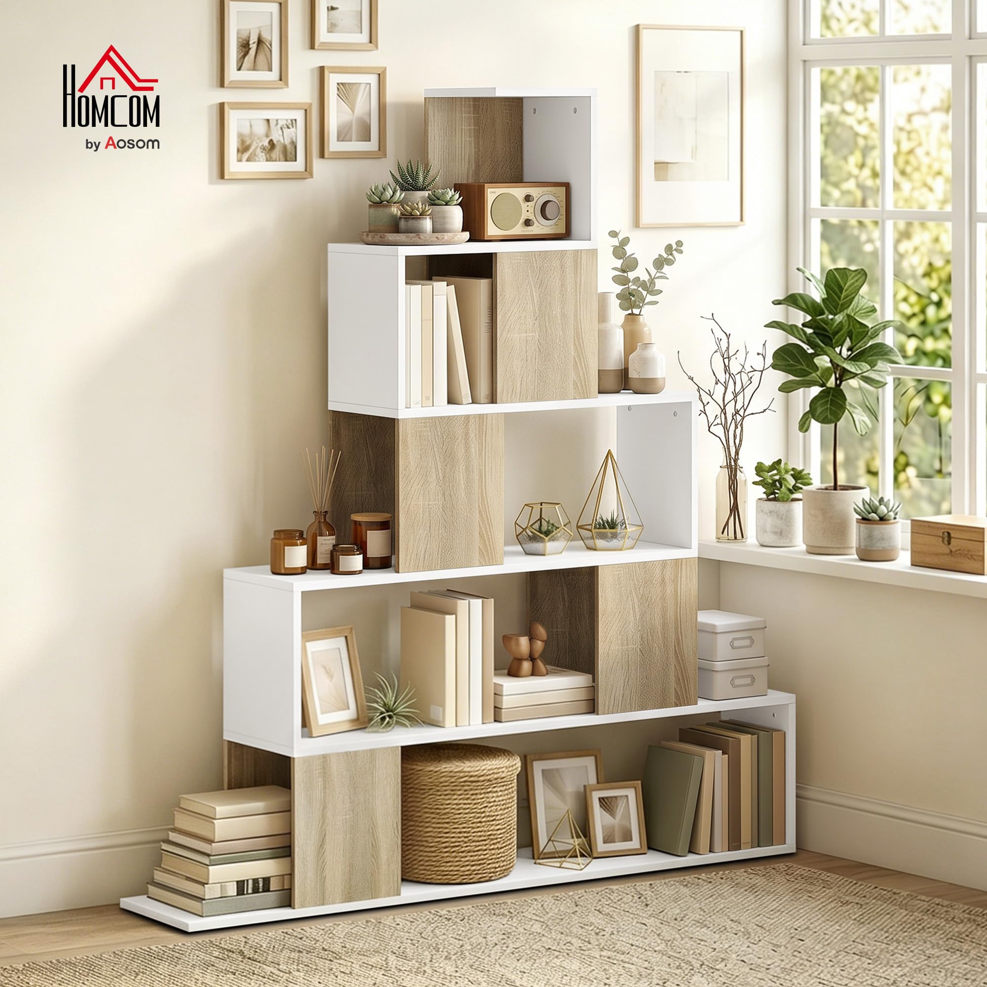 HOMCOM Libreria Cubo, Scaffale a 5 Ripiani con Design a Gradini, Libreria Geometrica per Soggiorno, Studio, Camera da Letto, Bianco e Naturale
