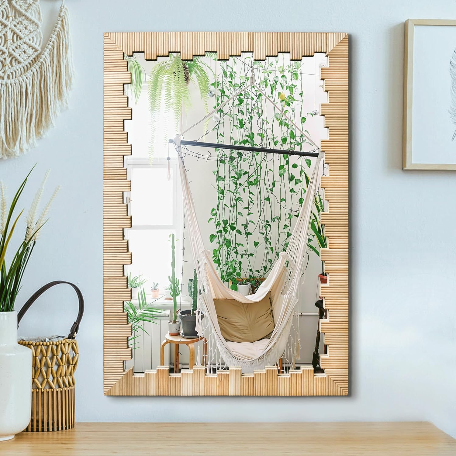 Boho Wall Mirror with Wood Frame, 30"x20" Faux Rattan Decorative Vanity Mirror for Bathroom, Living Room, Bedroom, Entryway(Rectangle) Natural 30"L x 20"W