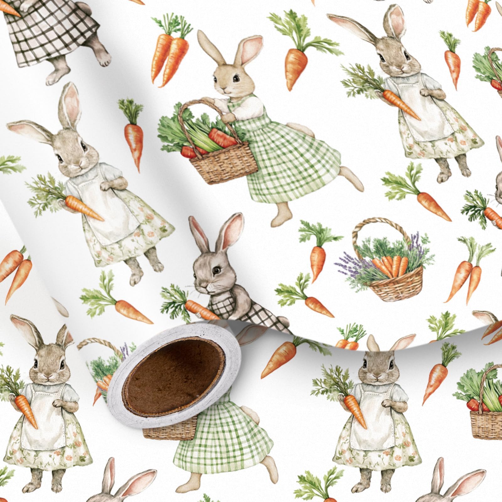 LeZakaa Easter Wrapping Paper Roll, Cute Bunny with Carrots & Baskets Design, Spring Gift Wrap for Baby Showers, Kids Birthday Party, Mini Roll 17 in x 16.4 Ft