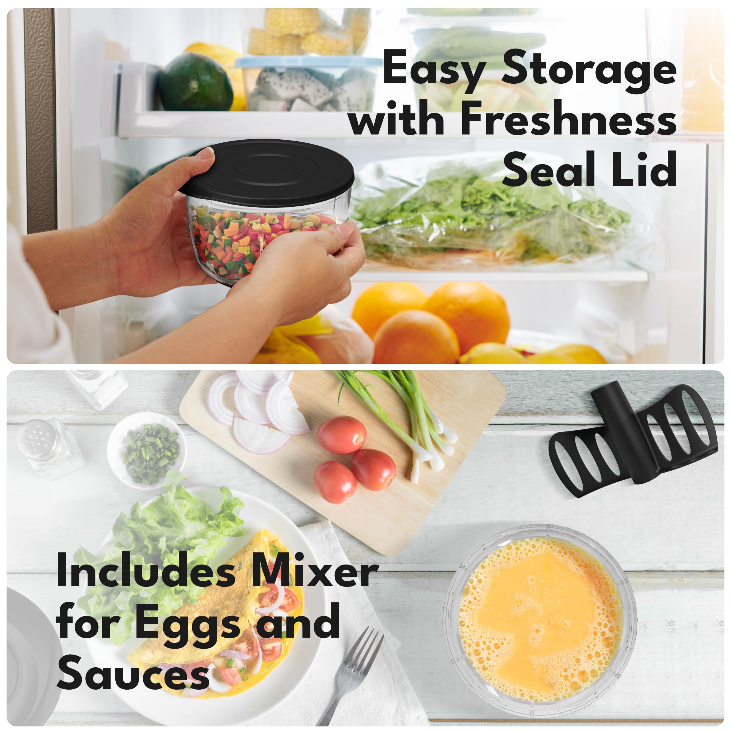 Procesador manual de alimentos y picador de cebolla, 26 onzas, incl. útil accesorio I sin BPA I Picador manual de alimentos con cuerda de tracción para ajo y verduras I Picadora de alimentos 4