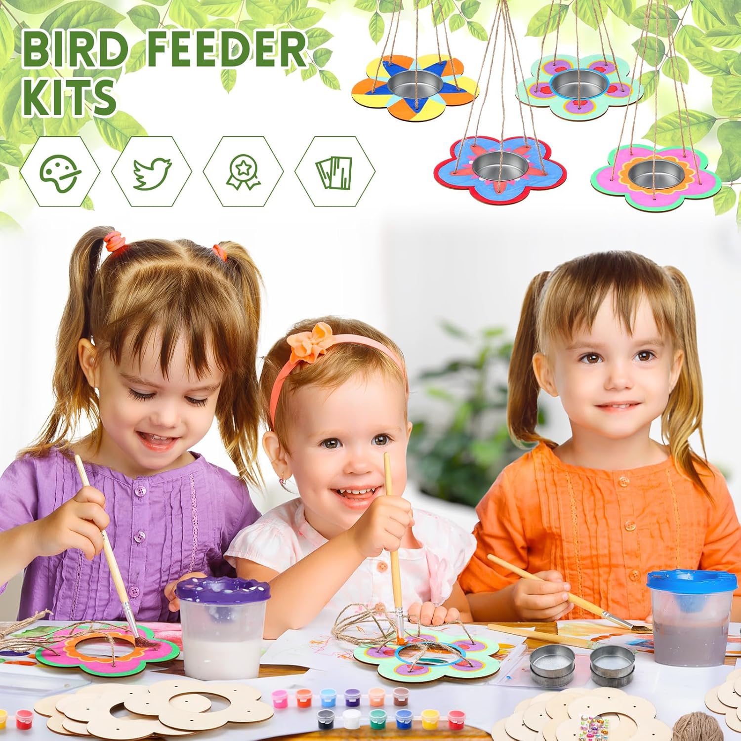CroBlissful 12 Pack Bird Feeder Craft Kits for Kids DIY Your Own Bird Feeders with Paint and Paintbrushes Wooden Arts and Crafts for Kid Ornaments to Paint Feeders Craft for Garden(Flower Shape)