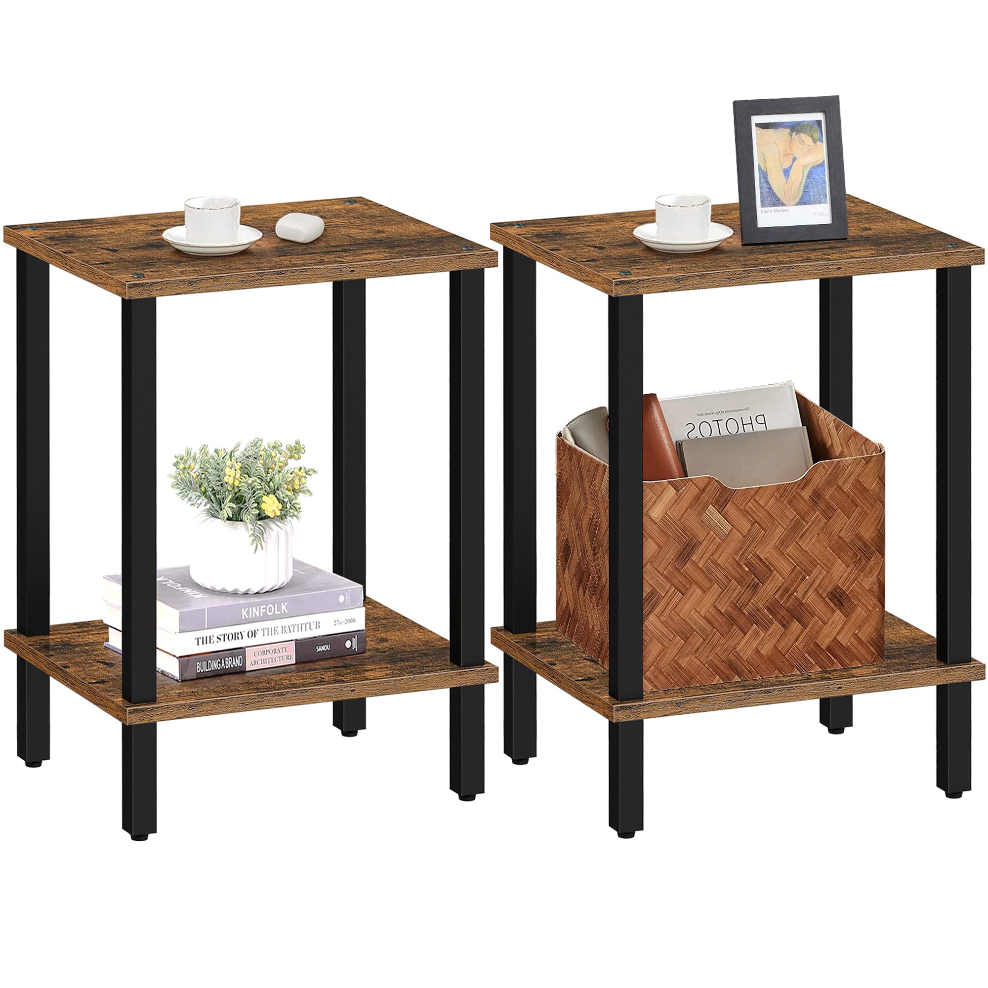 TUTOTAK Side Table, Set of 2, Bedside Table, Night stand, 2-Tier Storage Shelf, End Table for Small Space, Living Room, Bed Room, Brown V1TB01BB035EU