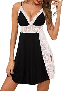 Nuisette Sexy Femme en Dentelle Lingerie Babydoll Papillon avec Noeud et G-String Chemise de Nuit Fendue sur Côté