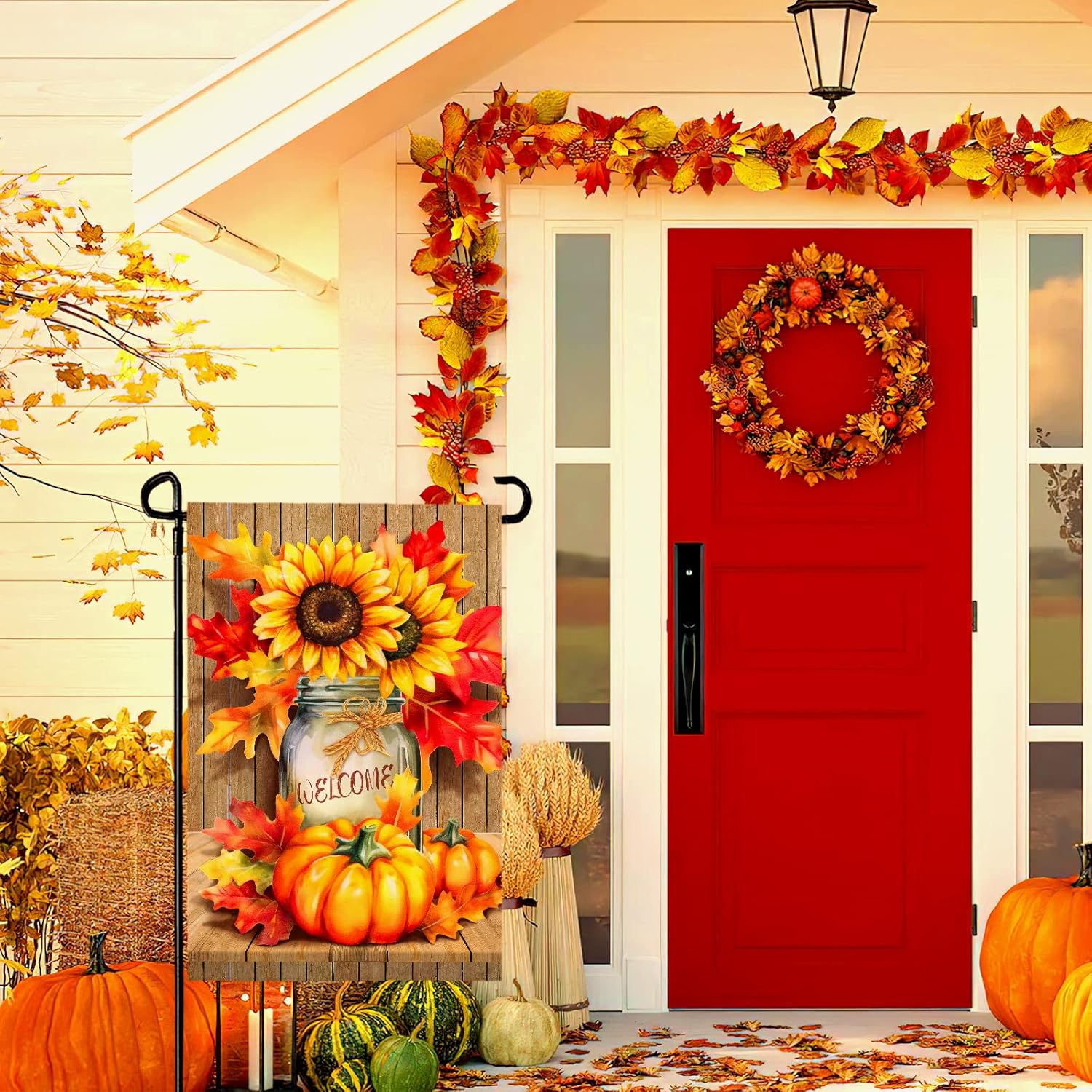 Fall Garden Flags Thanskgiving Sunflower Pumpkin Printing Garden Flag Welcome Autmn Maple Leaves Yard Flag for Outside Mason Jar Pattern Double Side Floral House Flag Decor Standard Size 12×18 Inch - Image 8