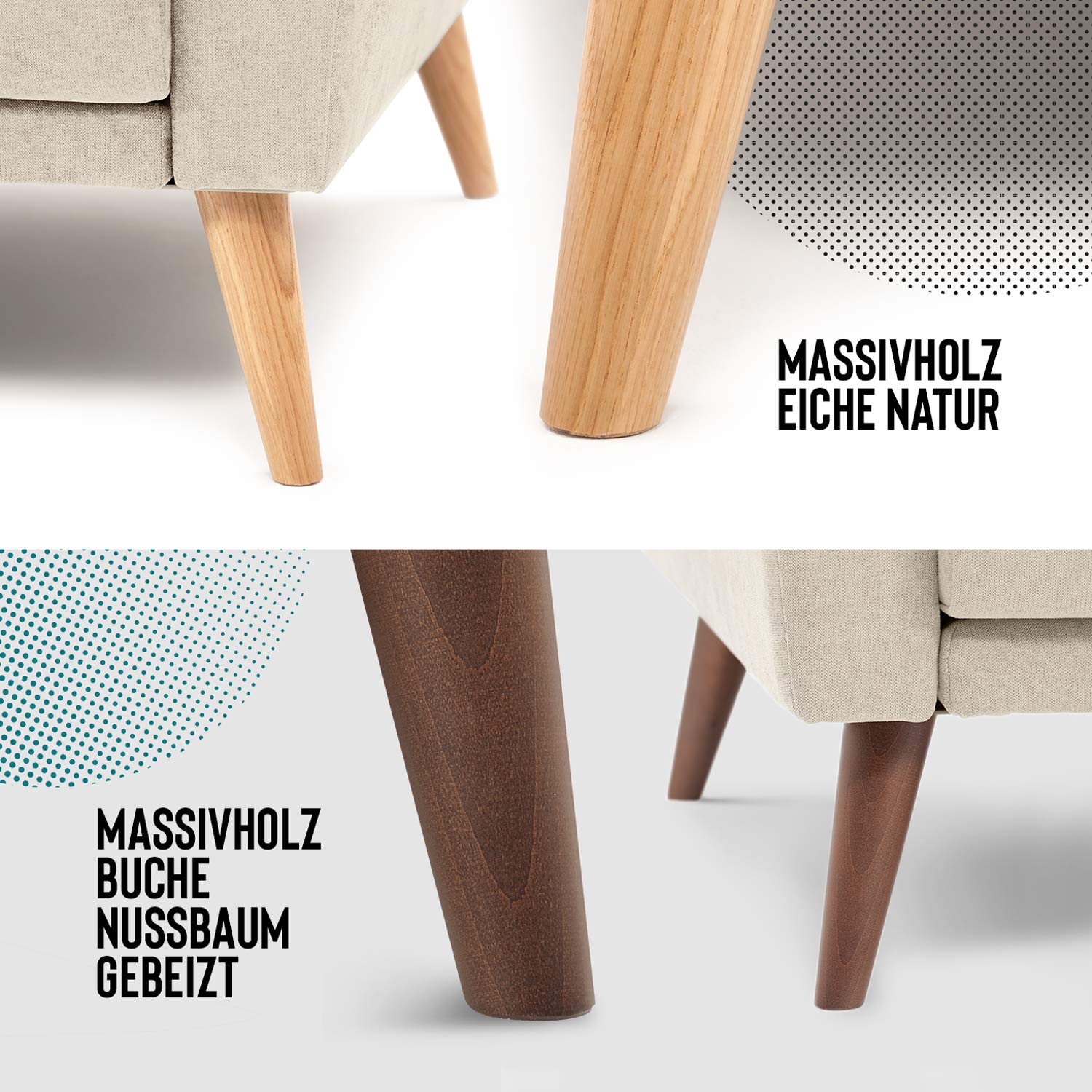 Lotta trzyosobowa sofa do salonu rozkładana - kanapa 3-osobowa - sofa tapicerowana - szer. 202 cm - szezlong lewy - kremowy - drewniane nóżki odcień orzecha