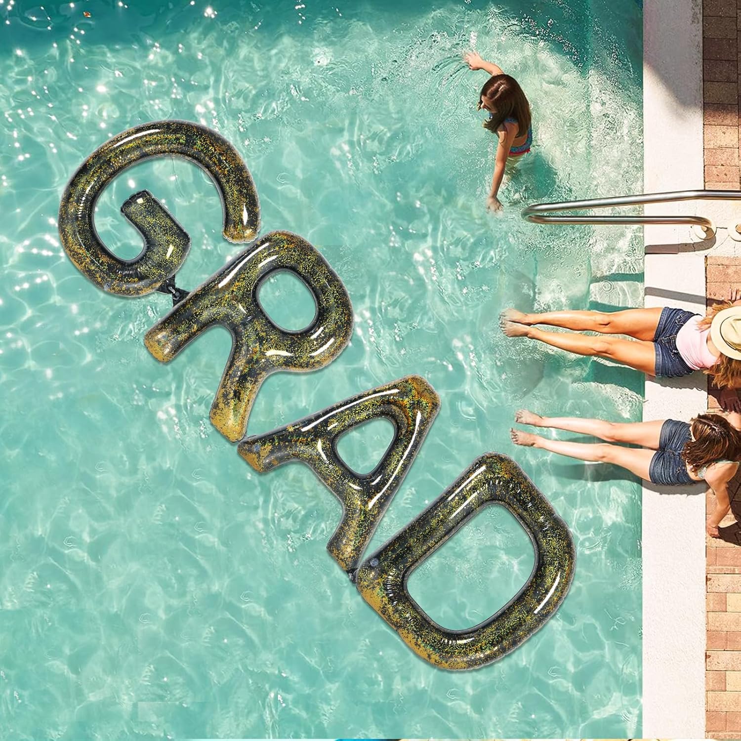 2026 Graduations Party Decorations, Huge 40inch Grad Inflatable Pool Float Letters Black and Gold Letter Balloons Indoor Outdoor Party Decorations for Graduation Beach Party and Backdrop Banner