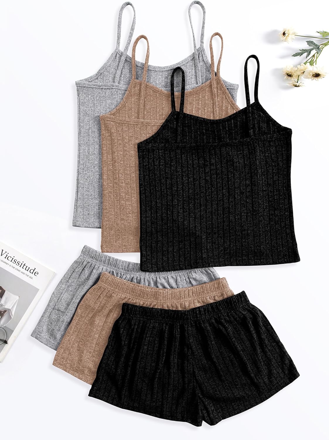 3 Sets for Women Ribbed Pajamas Set Crop Top and Shorts Button Lounge Set Sleeveless Pjs Sleepwear - Image 3