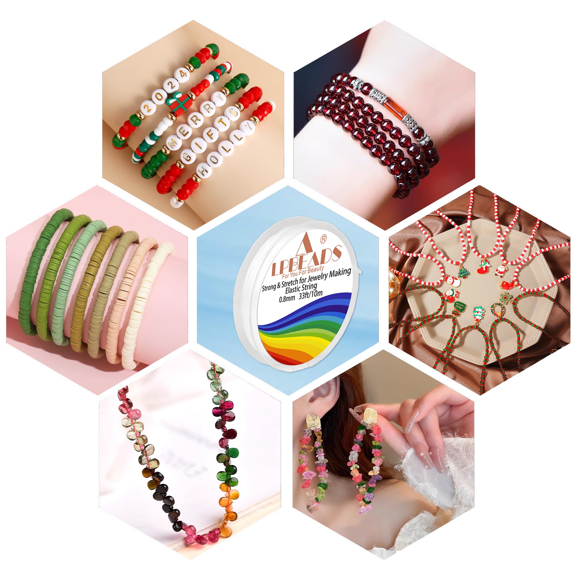 LPBeads 12 rollos de cordón elástico de 0,8 mm para hacer pulseras y joyas con agujas de cuentas y regla