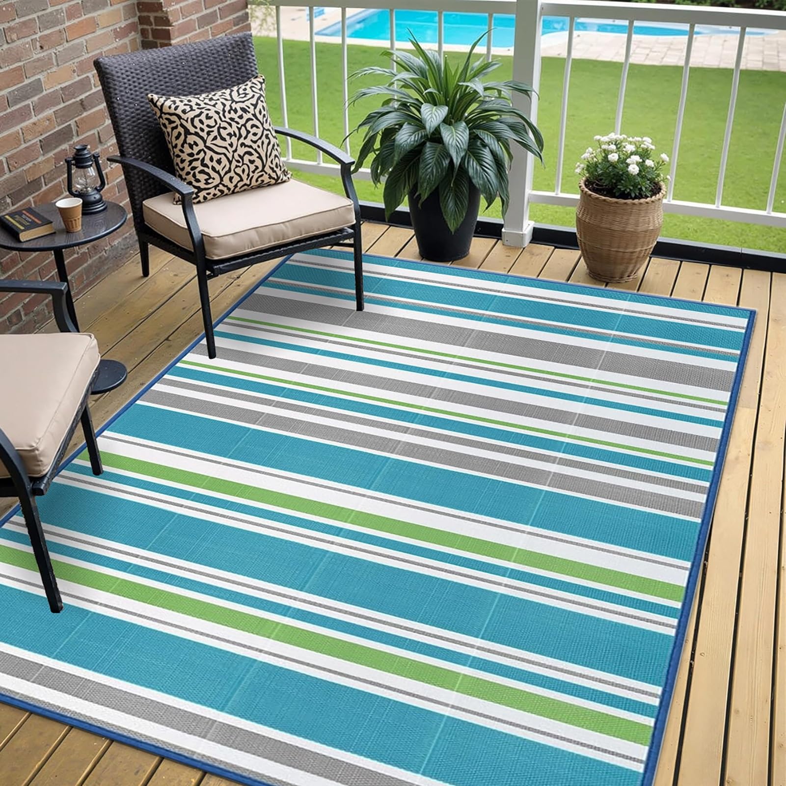 Dwustronny dywan zewnętrzny 150 x 240 cm – wodoodporna niebiesko-zielona mata ogrodowa, łatwy do czyszczenia, składany dywanik kempingowy i piknikowy, idealny na patio, balkon, plażę i taras