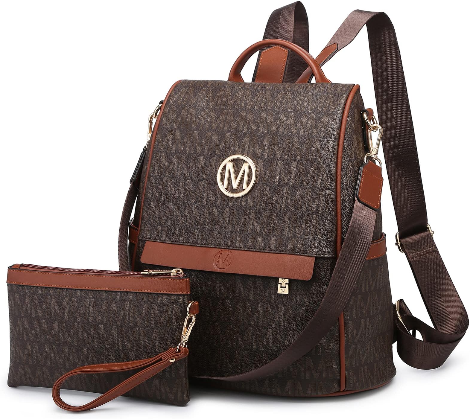MKP Women Fashion Backpack Purse Multi Pockets Signature Anti-Theft Rucksack Travel Ladies Shoulder Bag Handbag 2Pcs, Coffee, 11.8"L x 5.5"W x 14"H, Women Fashion Backpack