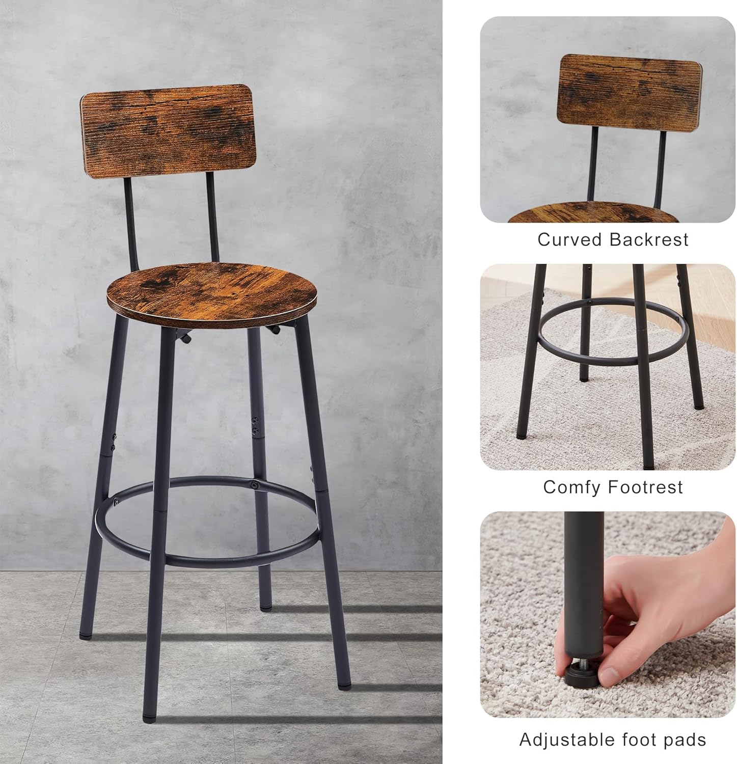 3 Piece Round Bar Stool Set with Storage Shelves, Small Counter Height Dining Sets with 2 Stools, for Bistro Pub, Breakfast Nook, Kitchen Restaurant Dinette, Rustic Brown