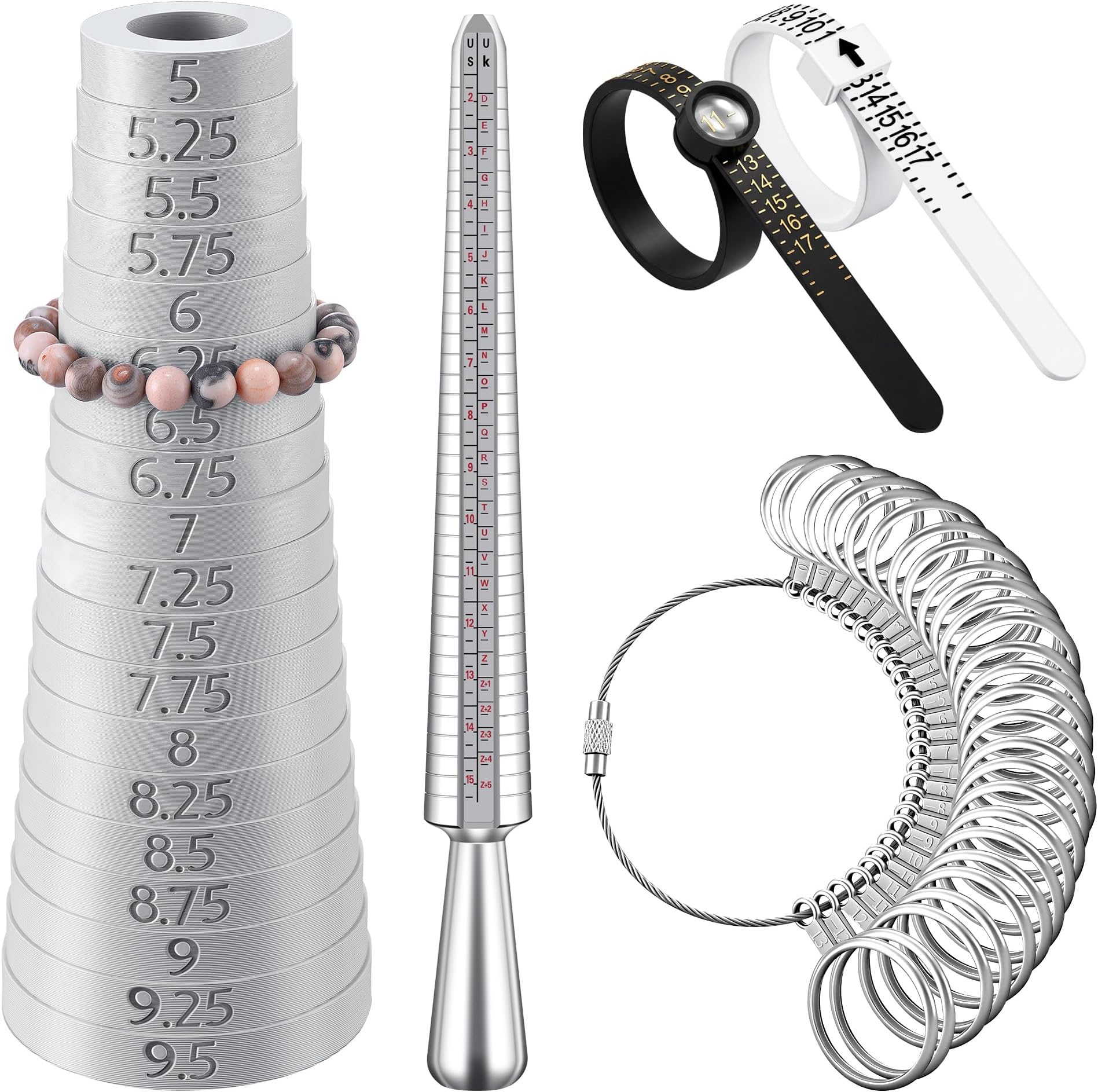 Bracelet Sizer Mandrel & Ring Size Measuring Tool Kit with Ring Mandrel Measurer, Finger Sizers for Measuring, 2 Pcs Finger Measurers US Sizer 1-17 (Silvery,Premium Steel)