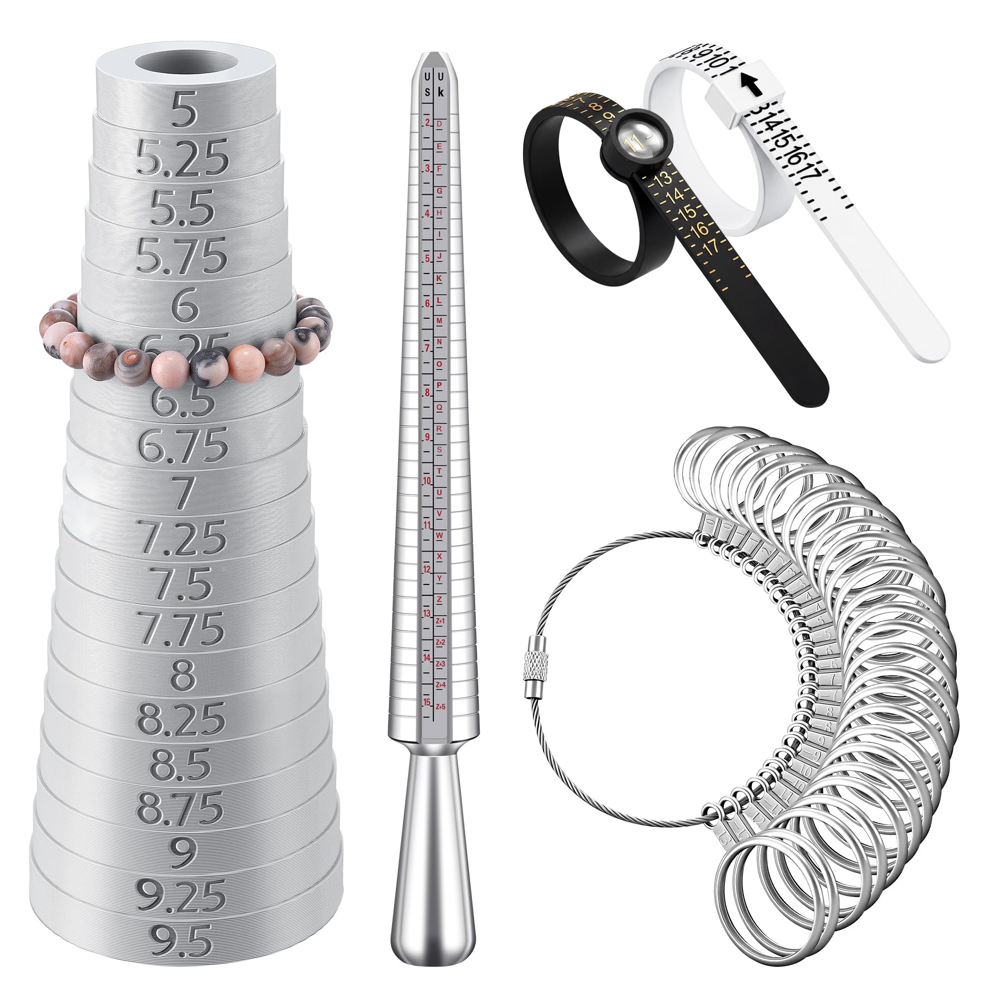 Bracelet Sizer Mandrel & Ring Size Measuring Tool Kit with Ring Mandrel Measurer, Finger Sizers for Measuring, 2 Pcs Finger Measurers US Sizer 1-17 (Silvery,Premium Steel)