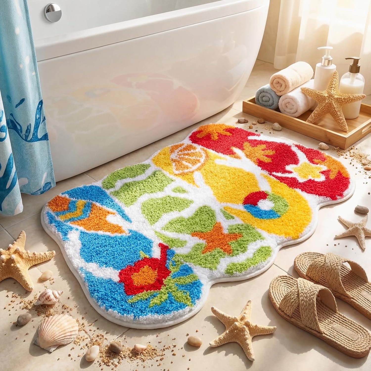 Tinideya Summer Flip Flops Bathroom Rug 17 x 29'' Colorful Summer Bath Mat for Bathroom Fluffy Water Absorbent Bath Rug Farmhouse Non Slip for Hawaiian Luau Beach Kitchen Decoration