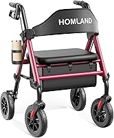 HOMLAND RW410 Rollator Walker with Seat for Seniors - Foldable Aluminum, 8" Rubber Wheels, Adjustable Height, 350 lbs Capacity