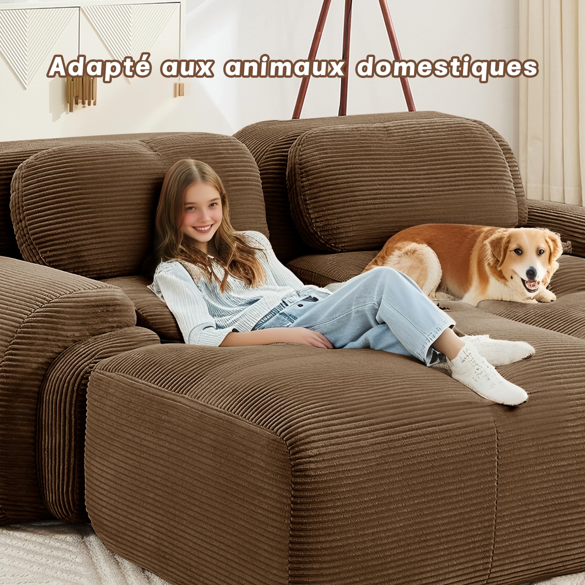 Sapgaks Canapé d'angle convertible, canapé de 2 à 4 places, canapé modulable compressible, peut être combiné librement avec accoudoirs et repose-pieds, velours (marron 3 places-L)