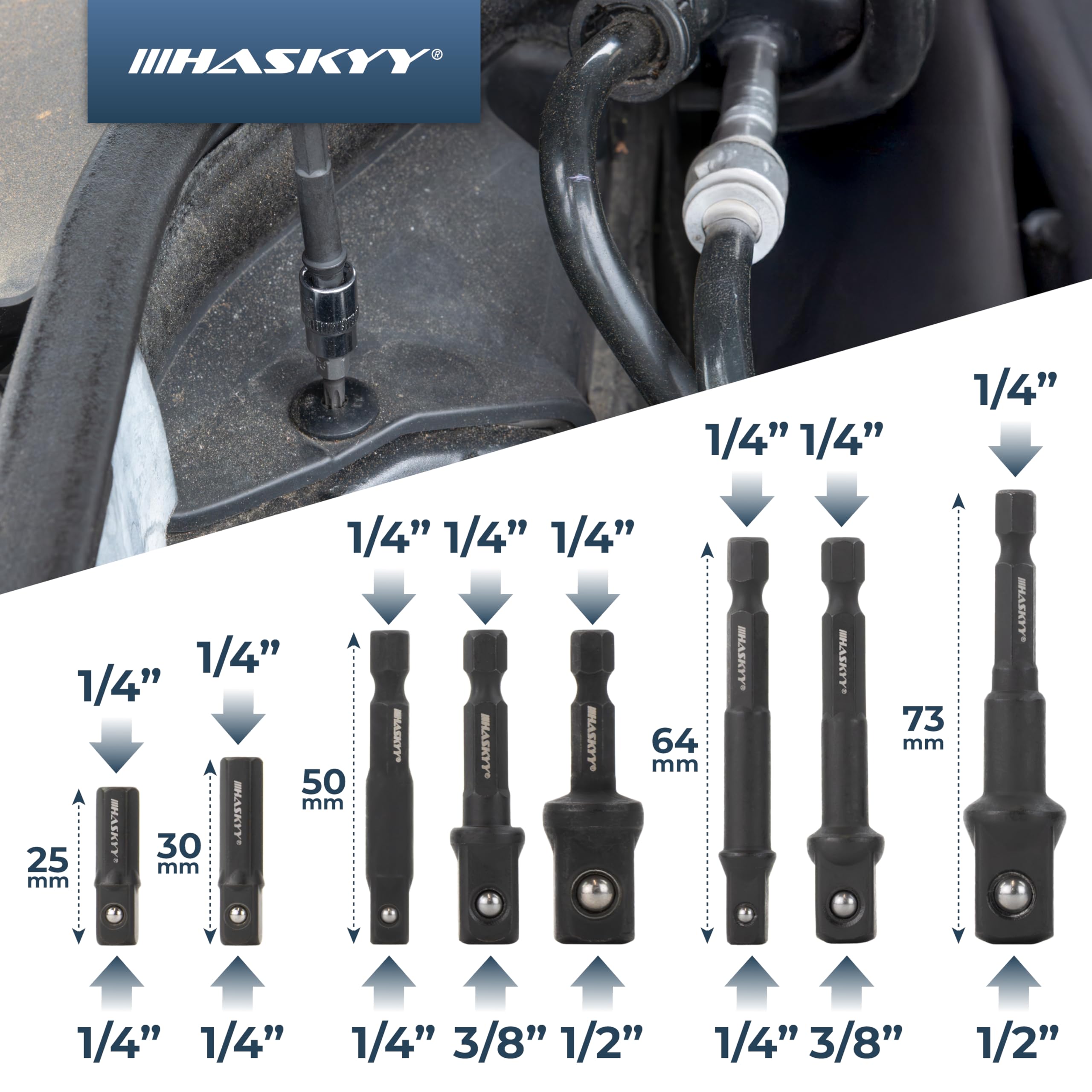 HASKYY Steeksleuteladapter, slagmoersleutel, set 1/4 inch 3/8 inch, 1/2