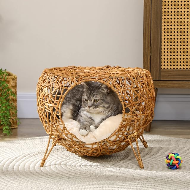 Foto 2 de 8 de PawHut Casa Cama para Gatos sobre Soporte Ø40x32 cm Marrón Claro