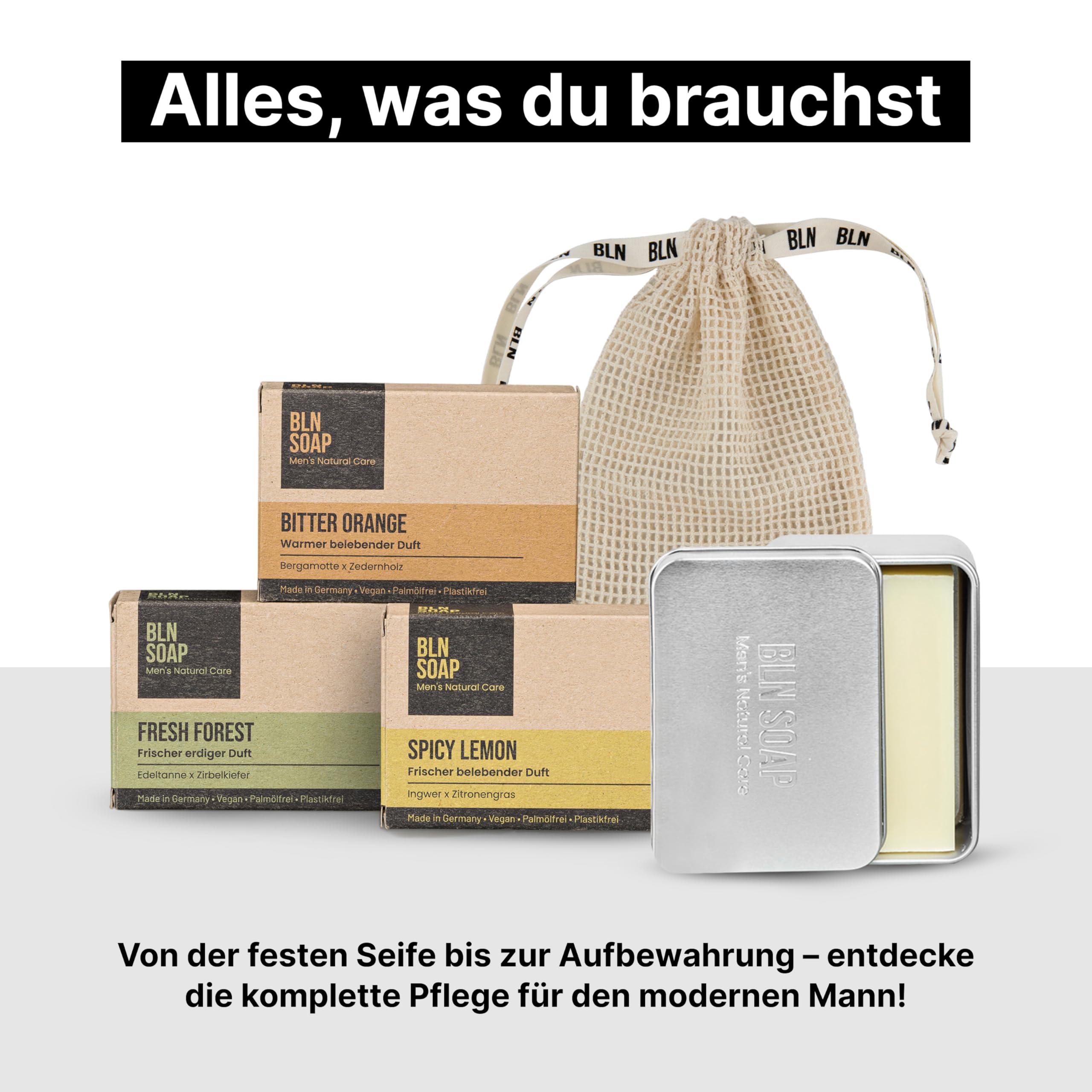Feste Seifen für Männer (3 x 135 g) + Baumwoll-Seifensäckchen + Seifendose: 3-in-1 natürliche Männerseifen + Aufbewahrung + Seifenbeutel – Vegane Duschseifen Herren für Hand, Körper & Haare, BLN SOAP