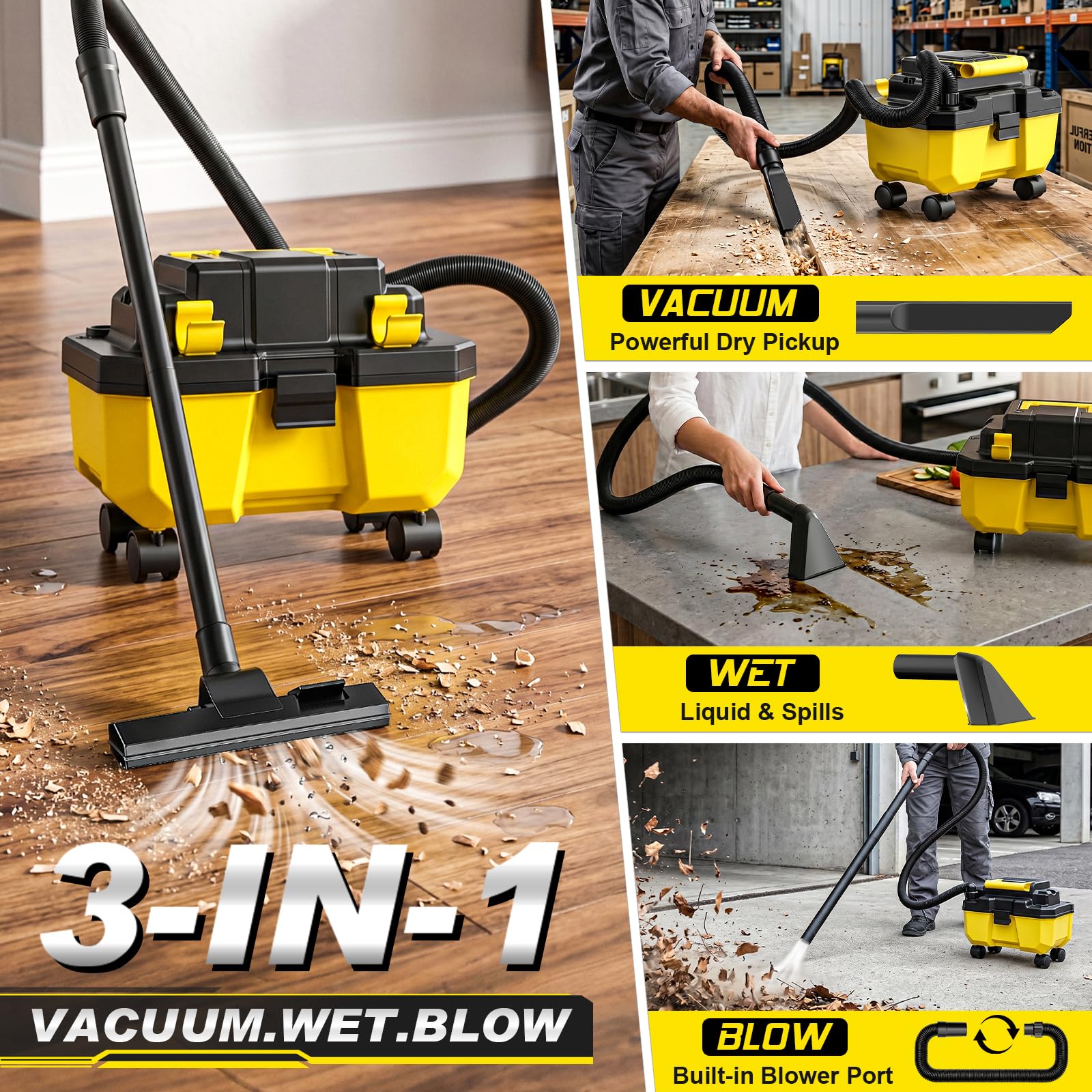 Gisam Aspirapolvere a batteria a umido e a secco, motore brushless da 3000 W, 2 x 4,0 Ah, aspirapolvere da officina 3 in 1 con filtro HEPA, tracolla, 4 ruote e porta accessori, portatile per garage