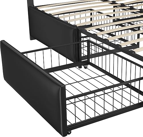 Miniatura 5 de Topeakmart Base de cama de plataforma tapizada tamaño Queen con 4 cajones de almacenamiento, 2 puertos USB integrados, cabecera ajustable, cama de