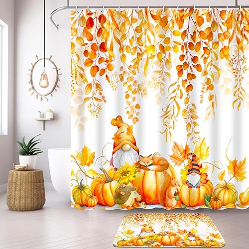 Miniatura 4 de Lutto Cortina de ducha de otoño para baño, juego de baño de otoño con cortina de ducha y alfombras, cortinas de ducha de calabaza de Acción de