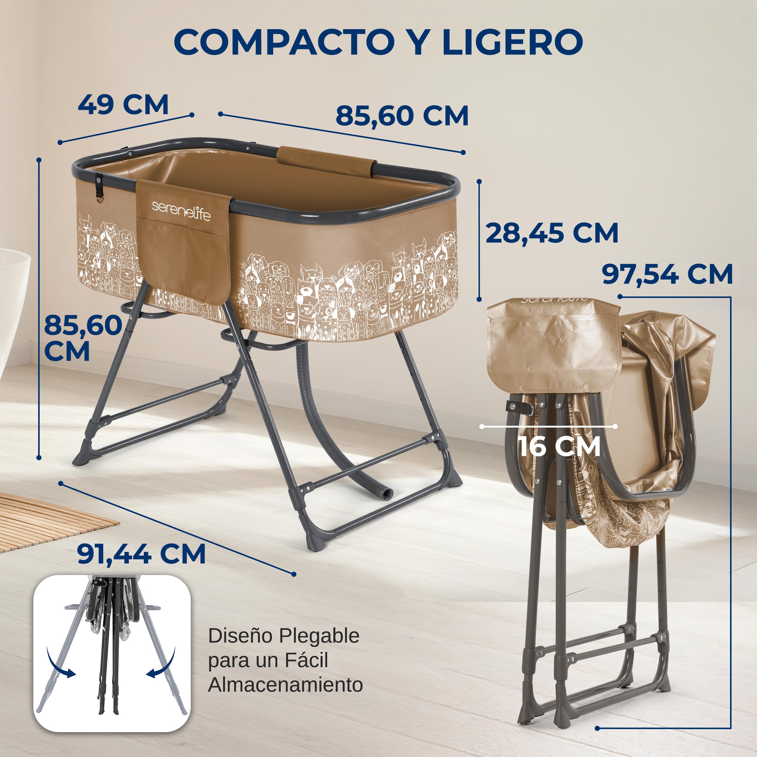 SereneLife bañera para Perros, Plegable, Altura Ajustable, con Manguera de Drenaje y Bolsillos de Almacenamiento, para Uso en Interiores y Exteriores