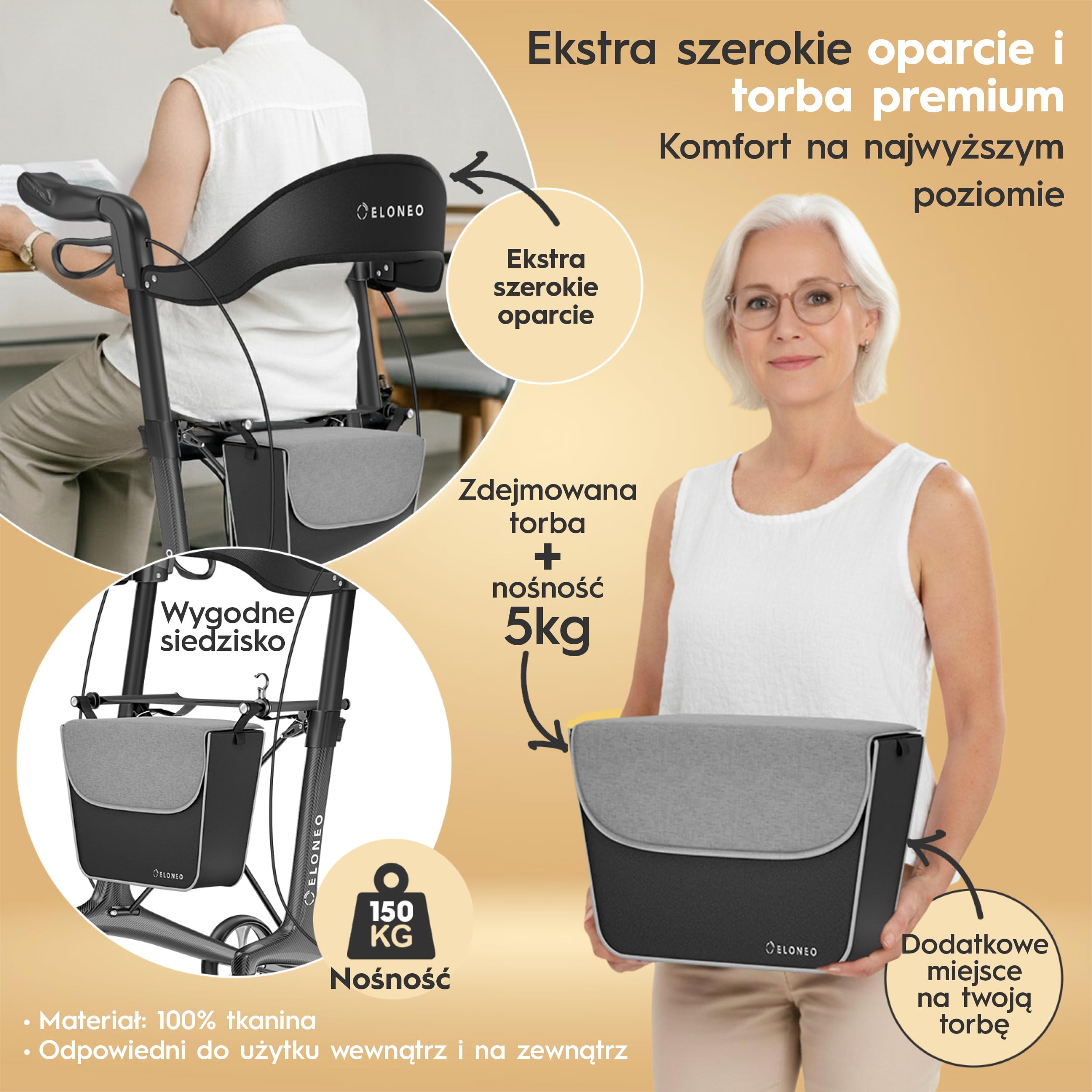 Rollator węglowy składany lekki z siedziskiem, ultralekki rollator podróżny 5,5 kg, balkonik dla seniorów z 9-stopniową regulacją wysokości, składana pomoc do chodzenia, z torbą